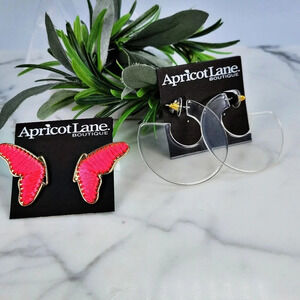 NEW Apricot Lane Earrings 2 Pair Hot Coral Butterfly Wings Clear Hoops M…